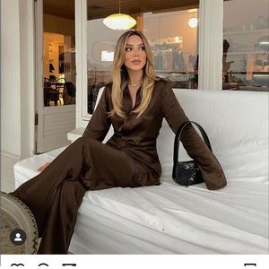 Zara brown silky top shirt button down